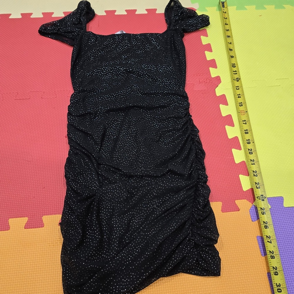 Lucy In The Sky Black Sparkly Ruched Mini Dress Size S Square Neck Bodycon